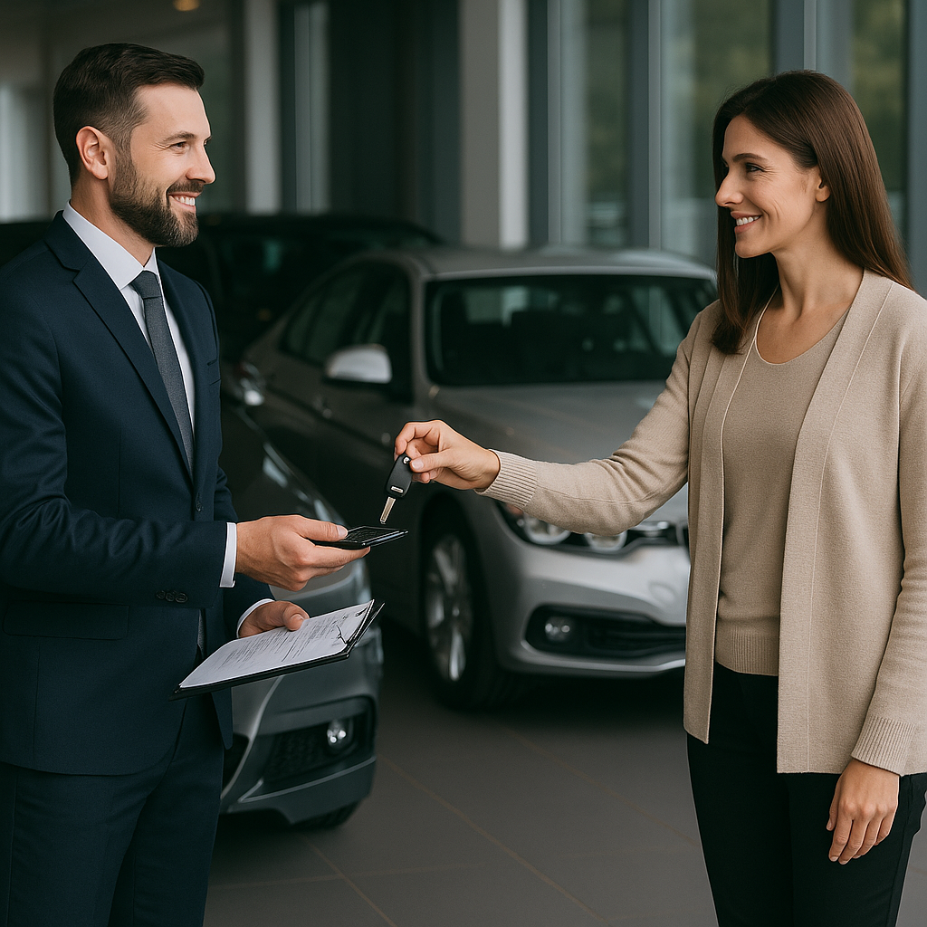 Salesperson handing car keys to a buyer during a pre-owned luxury car purchase in a dealership showroom