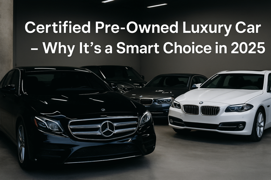 A high-quality showroom image featuring multiple certified pre-owned luxury cars, including a Mercedes and BMW models, highlighting the premium appeal and trusted value of certified vehicles.