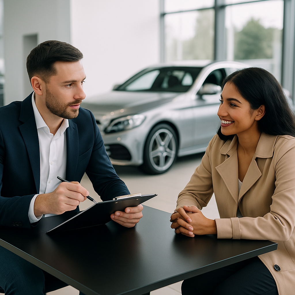 Customer and dealership employee discussing finance options for a pre-owned luxury car in a showroom