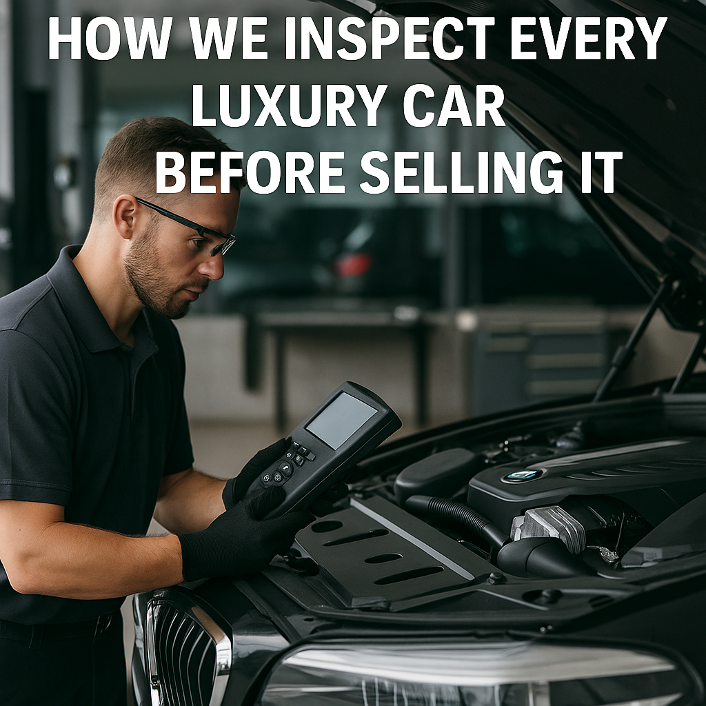 Luxury car inspection process showing a technician checking a premium vehicle with diagnostic tools.