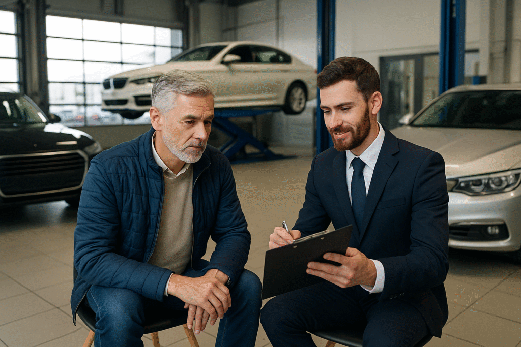 Customer discussing maintenance with advisor in a luxury car service center
