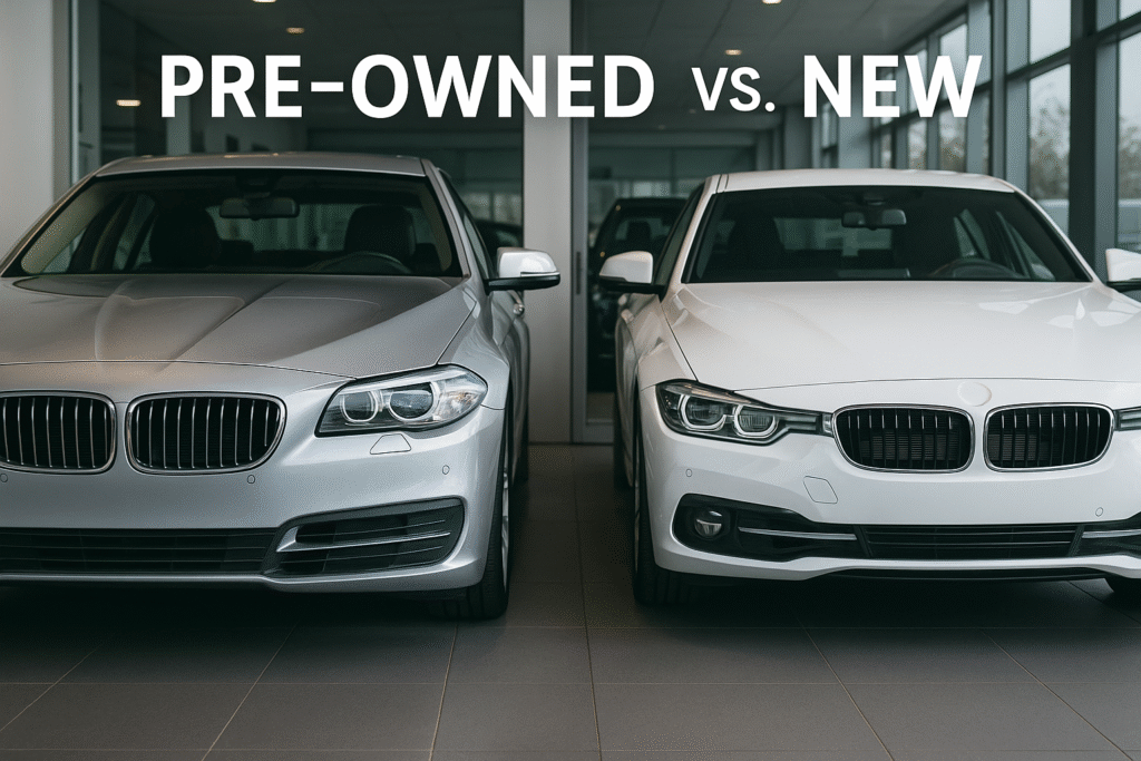 Side-by-side comparison of a pre-owned luxury car and a new luxury car in a showroom